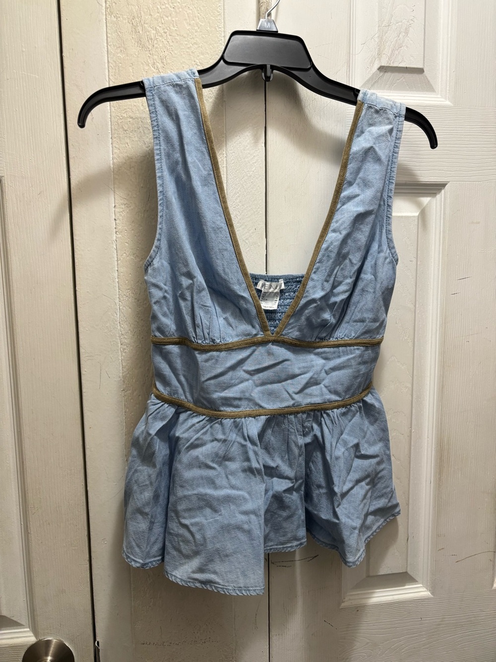 VENUS Light Blue V-Neck Top with Tan Trim